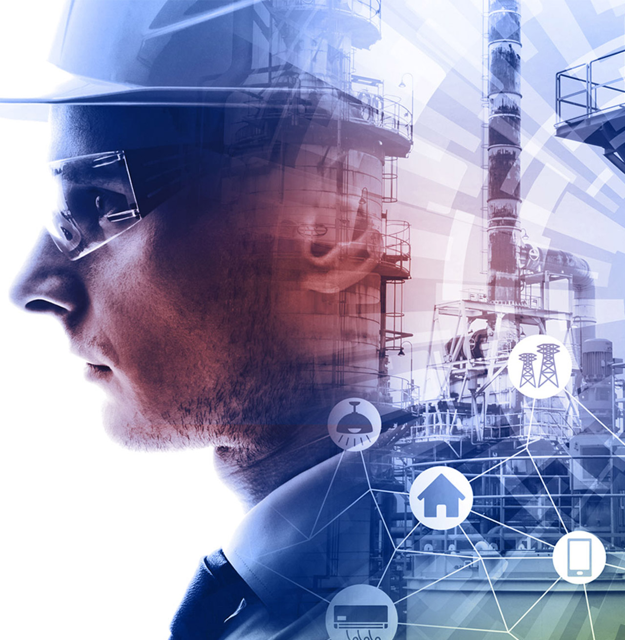 Digital montage of engineer with oil refinery and technology icons with colour overlay