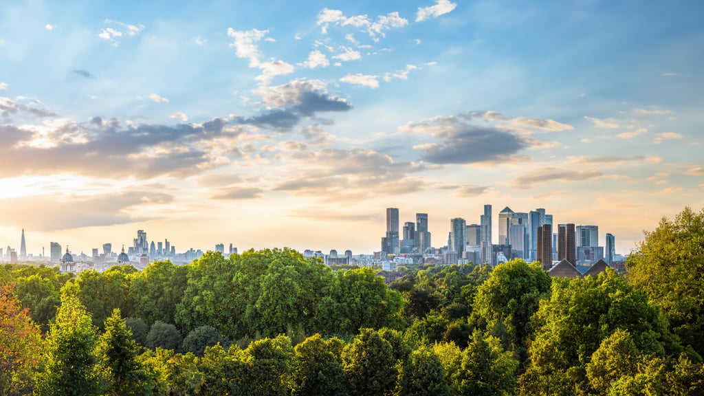 Vista panorâmica de área verde em primeiro plano com skyline urbano ao fundo sob céu iluminado