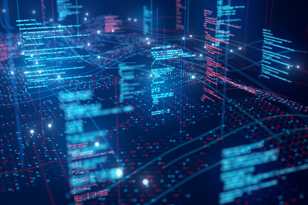 Visualización digital de código y flujos de datos interconectados, representando un ataque a la cadena de suministro y los riesgos de ciberseguridad asociados.