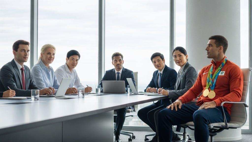 Equipe executiva em reunião com convidado usando medalhas em sala corporativa