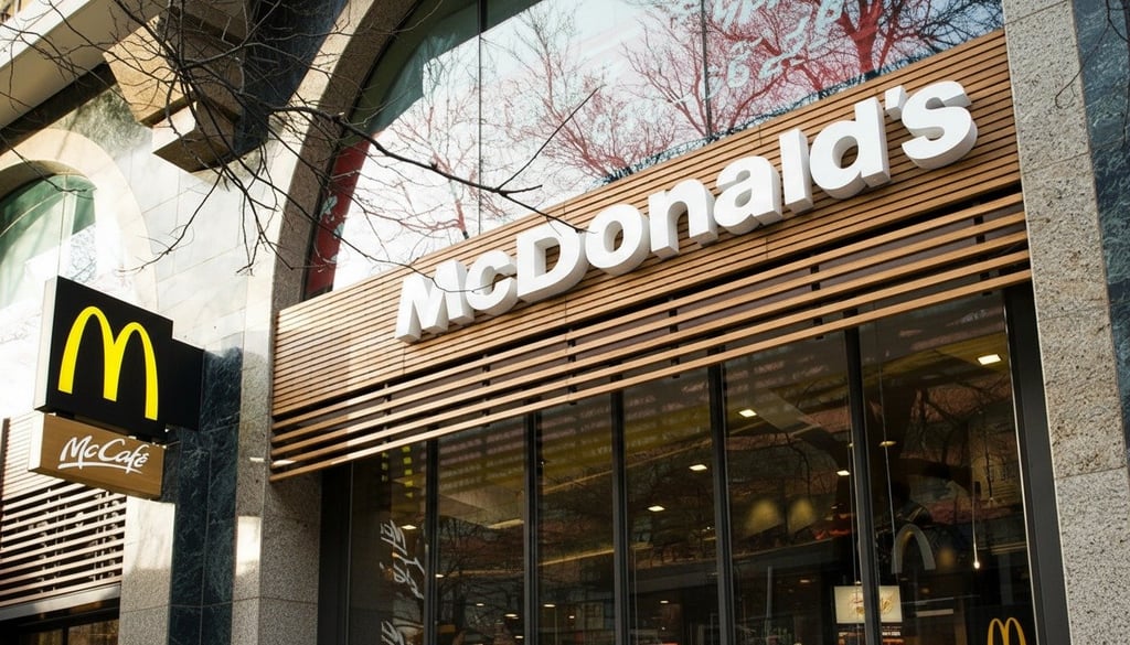 Exterior of a McDonald’s restaurant with large signage and the golden arches logo displayed above the entrance