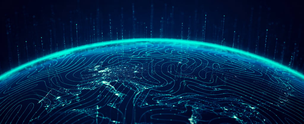 Digital illustration of a connected global network with glowing data points and cyber security patterns in blue and teal.