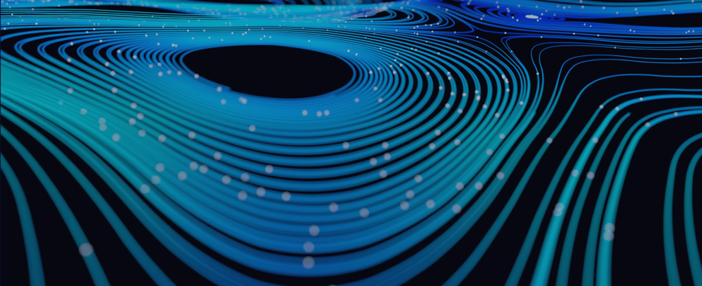 Abstract blue and teal flowing data lines with glowing dots on a dark background, representing digital connectivity and technology.