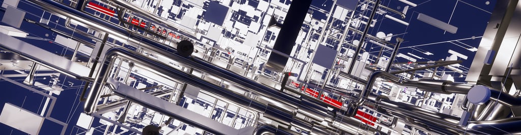 Modelo digital BIM con instalaciones y tuberías de un proyecto de construcción, representando Building Information Modelling y certificación BIM.