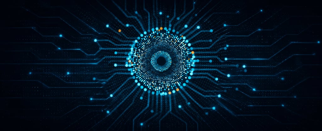 Glowing digital eye with blue circuit lines representing AI and cybersecurity