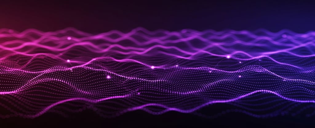 Abstract digital waves of glowing pink and purple dots against a dark background.