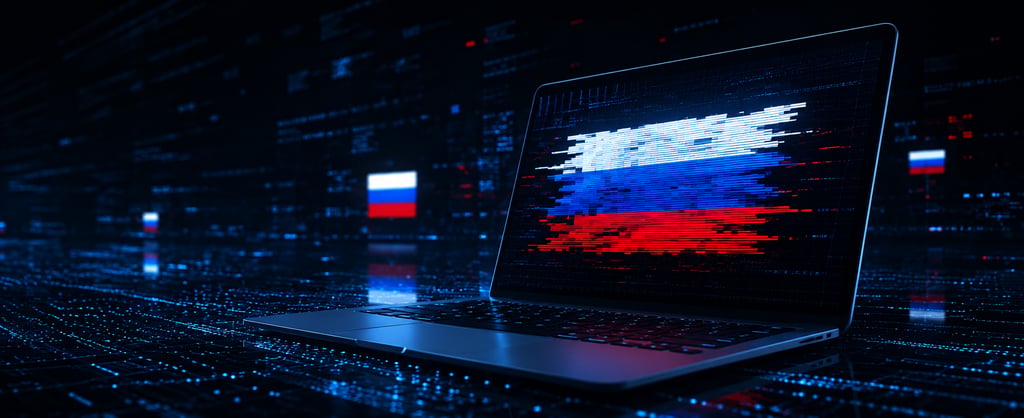 Laptop displaying a glitching Russian flag on a digital screen, representing Russian cyber threats and cybersecurity.