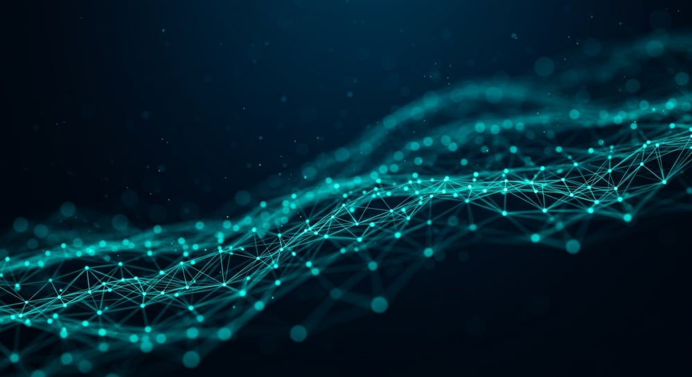 Rede digital abstrata com pontos e conexões representando sistemas de inteligência artificial