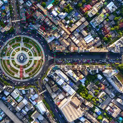 Aerial view of roundabout in a city