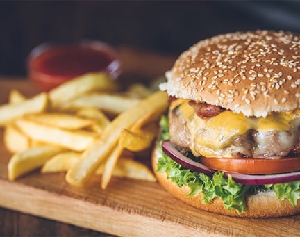 Burger and chips in a restaurant