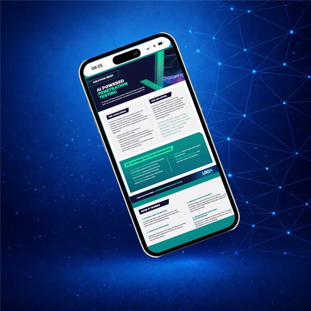 Pantalla de smartphone que muestra la solución digital de LRQA sobre un fondo azul con elementos de red.