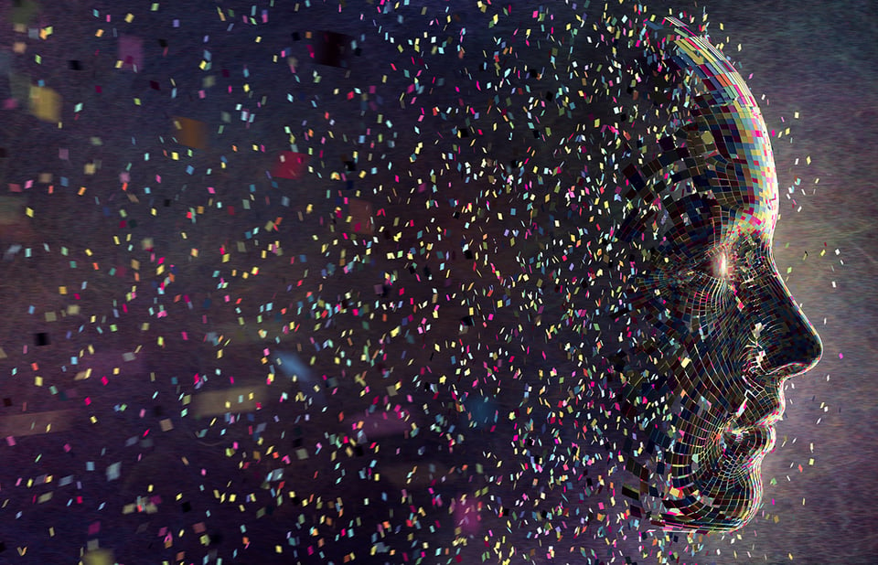 A conceptual images of thousands of multi coloured squares all moving in mid air against a black background, coalescing to form a the profile of a head.