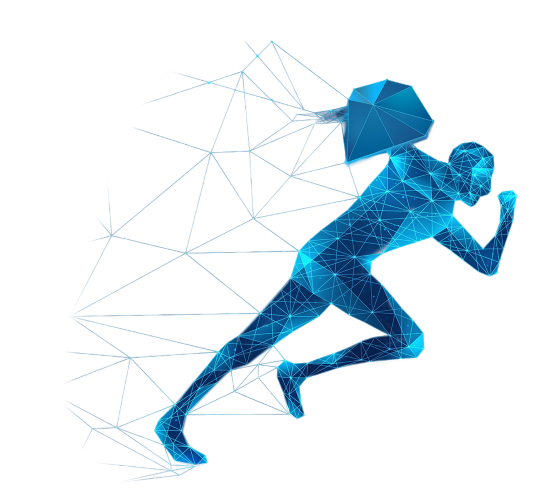 Ilustración digital de una figura humana en movimiento formada por líneas y polígonos azules.