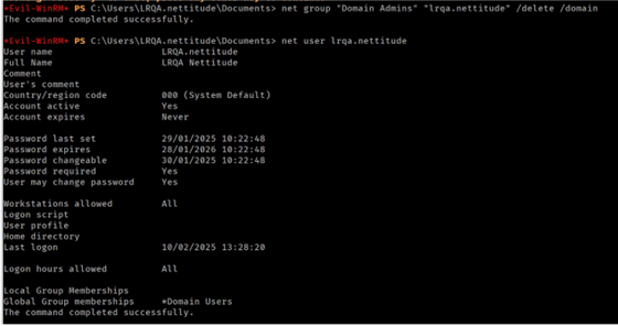 Removing the test user from the Domain Admins group