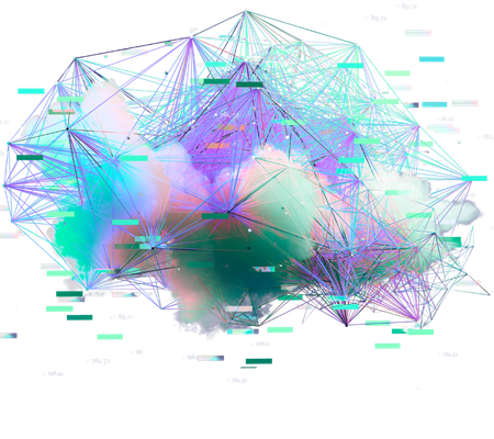 Ilustración abstracta que muestra una nube en tonos suaves rodeada de líneas coloridas y conexiones digitales.