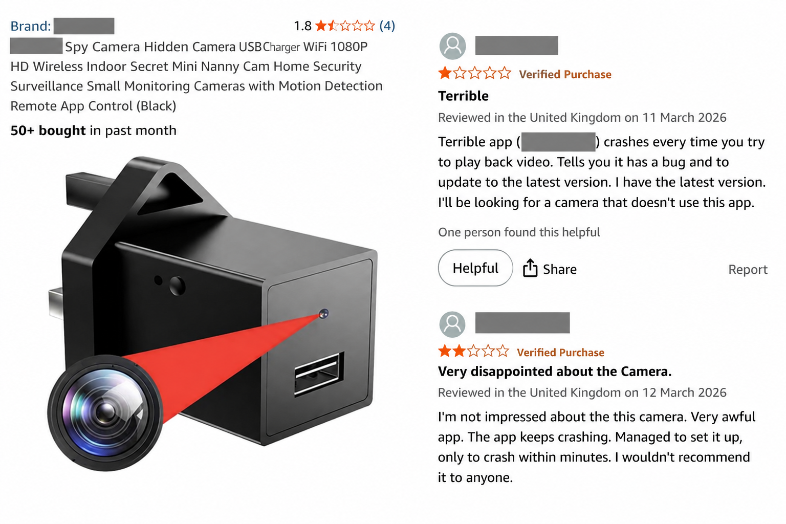 Hidden USB charger spy camera product listing alongside customer reviews highlighting issues with the camera app crashing