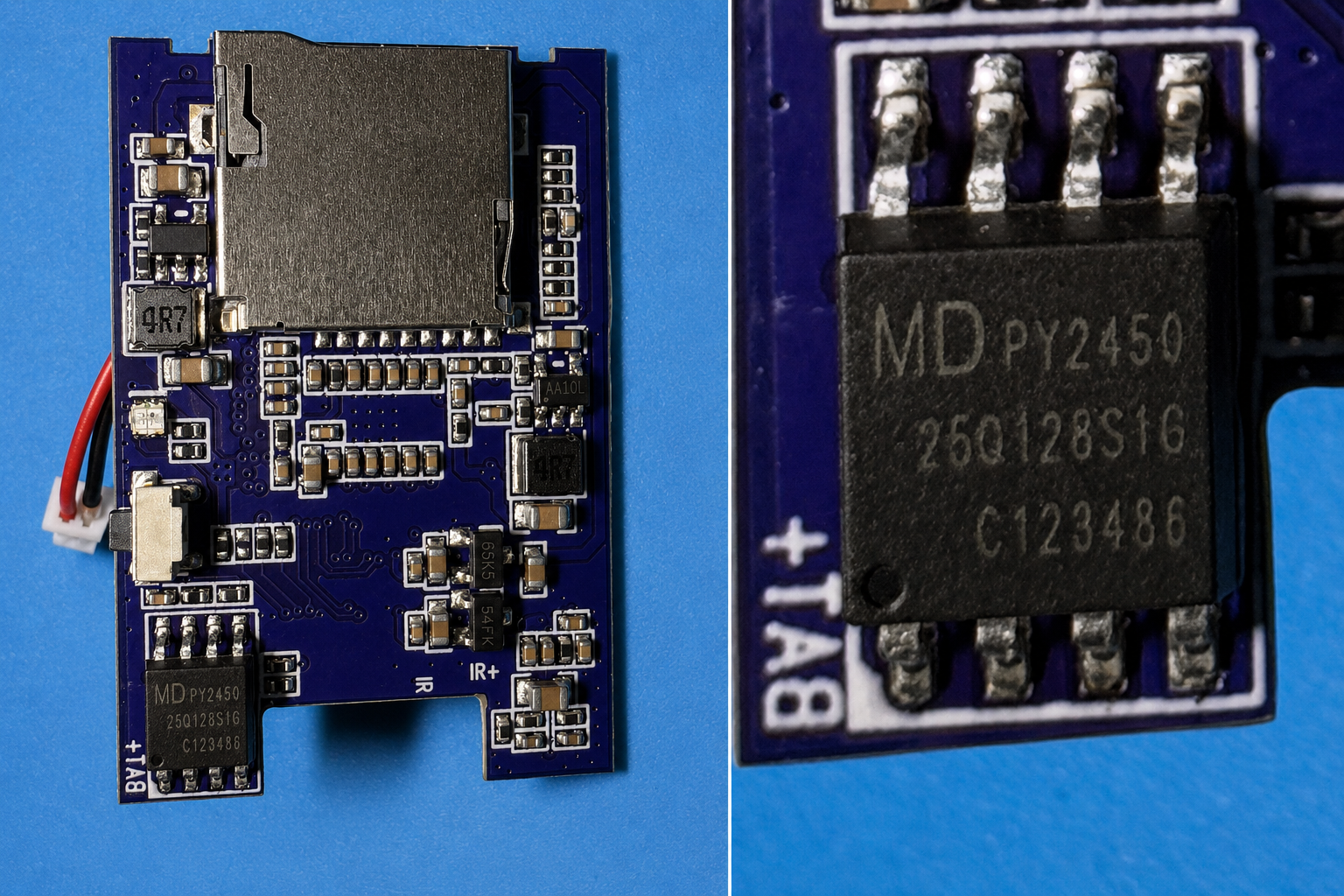 Spy camera circuit board with a close-up of the memory chip and electronic components