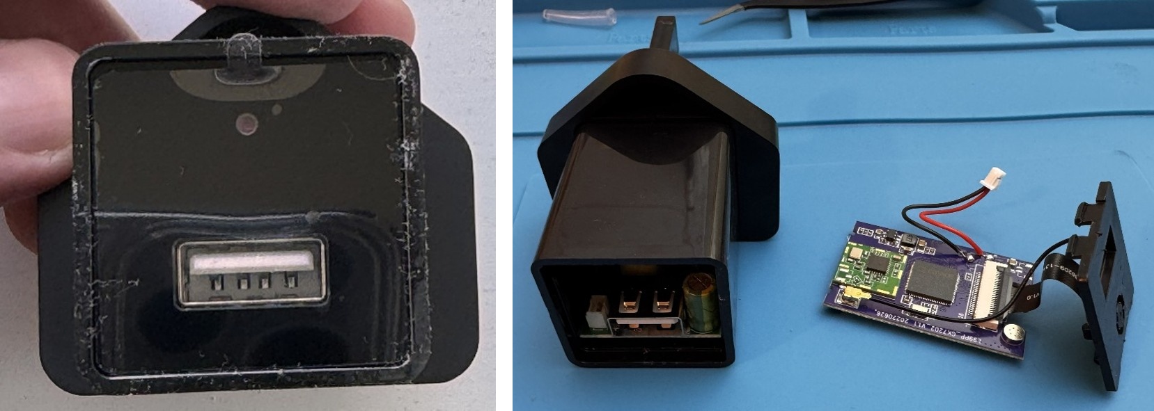 Disassembled USB plug showing its internal circuit board alongside a close-up of the plug&rsquo;s USB port and concealed camera